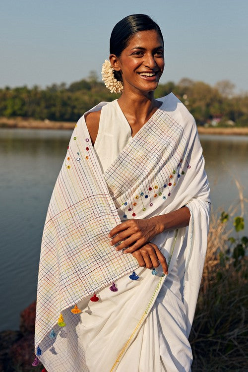 Okhai 'Heaven' Hand Embroidered Mirror Work Pure Cotton Saree