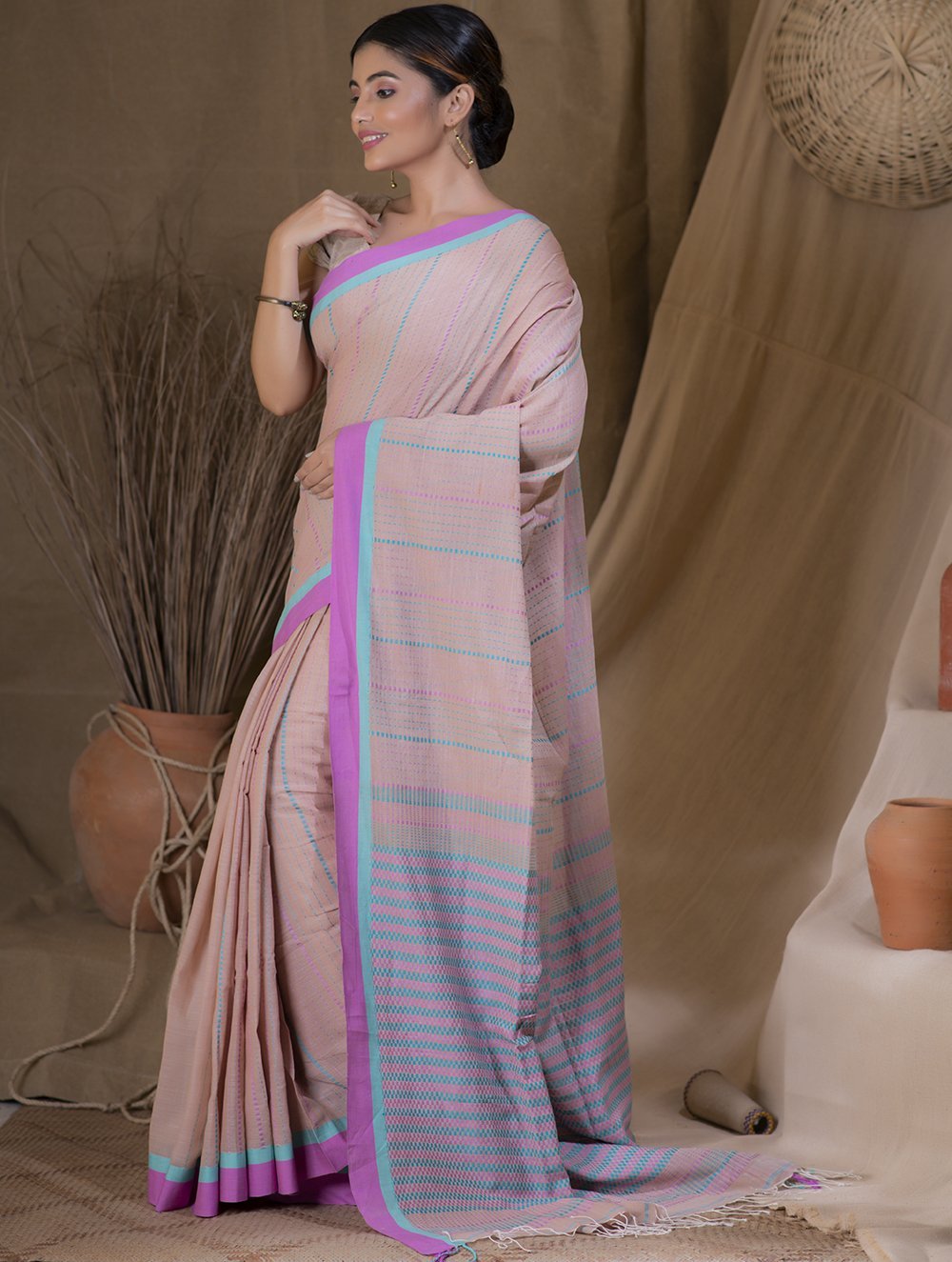Beige, Blue & Mauve Soft Bengal Handwoven Cotton Saree Online