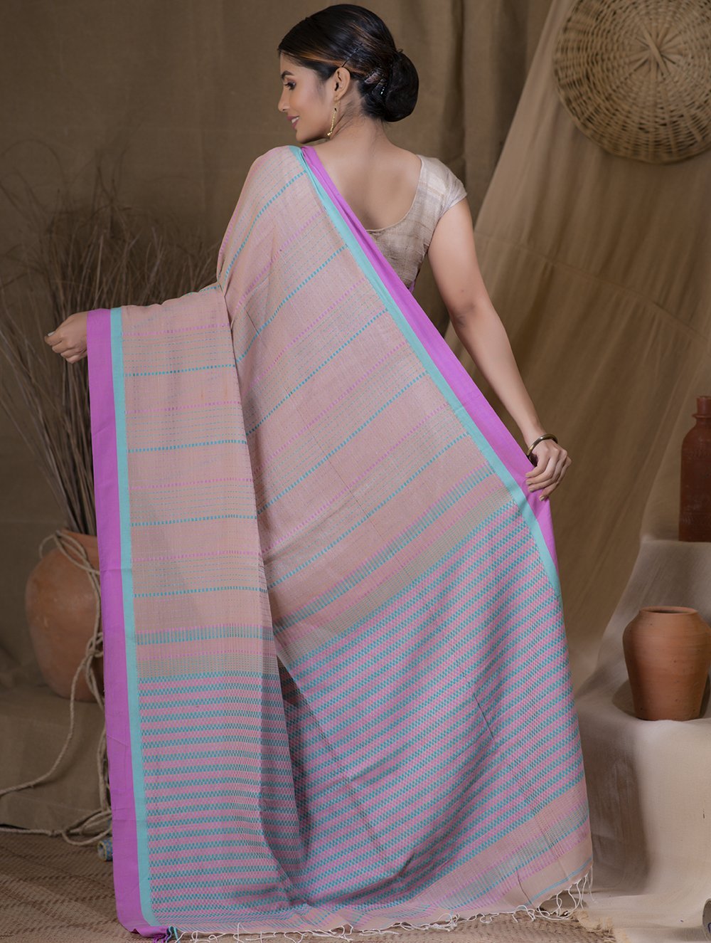 Soft Handwoven Bengal Cotton Saree - Beige, Blue & Mauve
