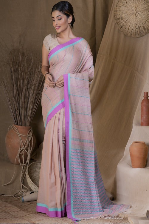 Beige, Blue & Mauve Soft Bengal Handwoven Cotton Saree Online
