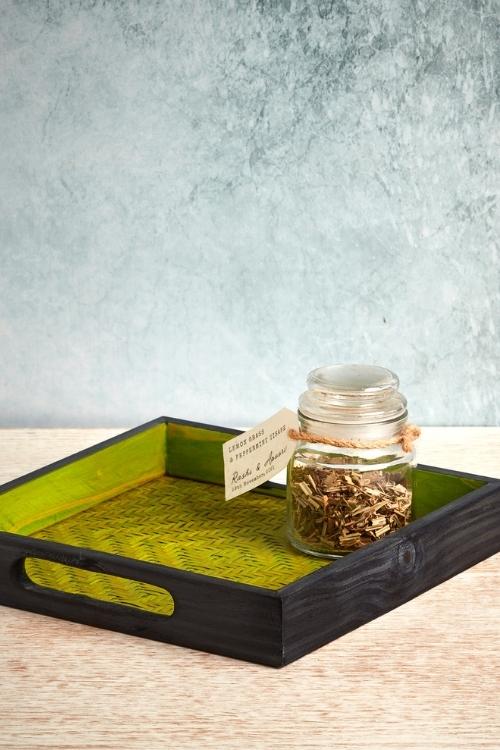 Kadam Haat Handmade Bamboo Square Tray - Small (Green & Black)