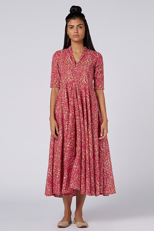 Cosmos Cotton Mirror Work Printed Floral Summer Dress For Women