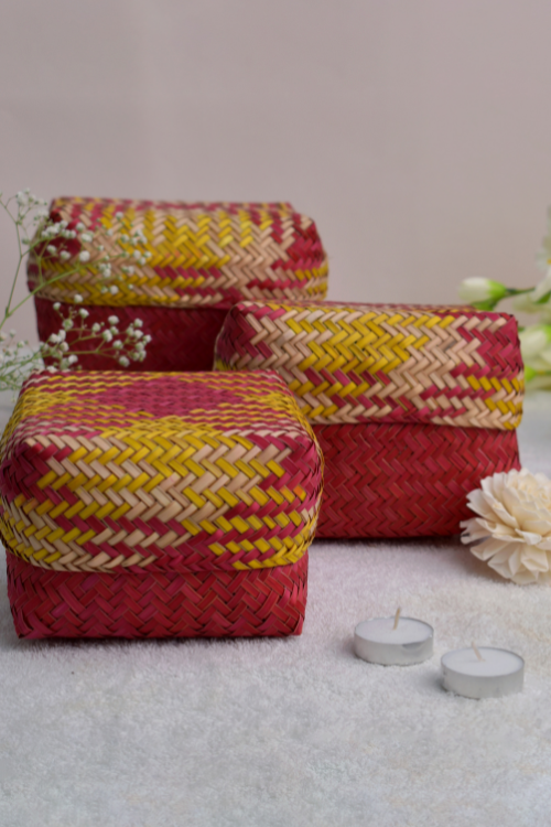 Kadam Haat Handmade Sitalpati  Gift Box Set Of 3 (Red & Yellow)