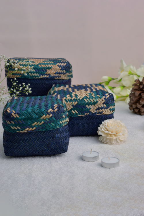 Kadam Haat Handmade Sitalpati  Gift Box Set Of 3 (Indigo)