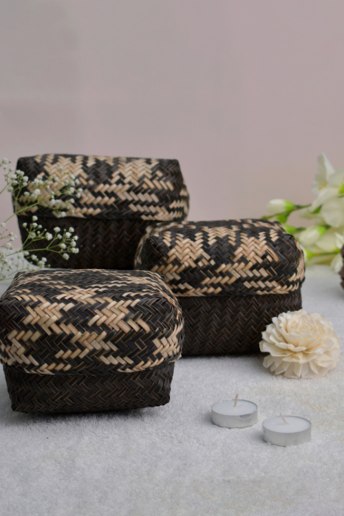 Kadam Haat Handmade Sitalpati  Gift Box Set Of 3 (Black)