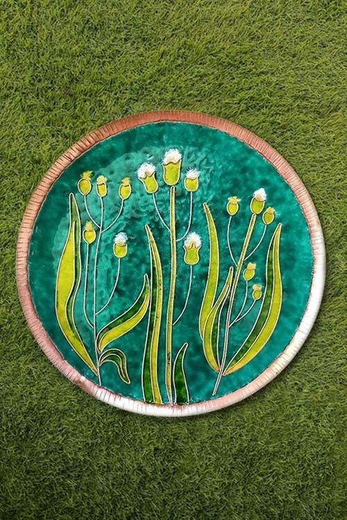 Copper Enamel Wall Plate "Gardens of Vishwakarma, Greens -Emilia-M" by Ekibeki