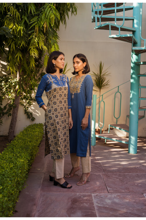 Urmul'Mayurika Ajrakh Hand embroidered Handloom Cotton Kurti.(2pc- kurta and pant set )
