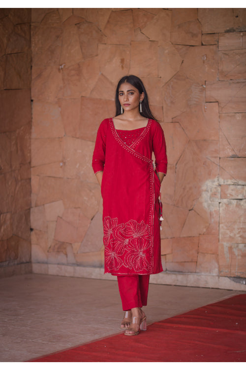 Urmul'Sayonee' Laal ishq Cotton wrap kurti (3pc kurta,sleeve and pant set )
