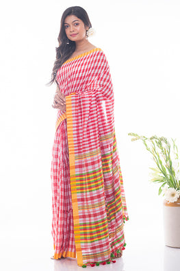 Soft Bengal Handwoven Gamcha Checked Saree - Red & White
