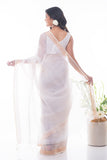 Flowing & Graceful. Soft Handwoven Bengal Linen Checked Saree - White & Gold