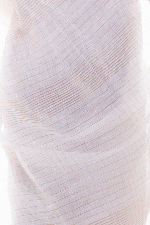 Flowing & Graceful. Soft Handwoven Bengal Linen Checked Saree - White & Gold
