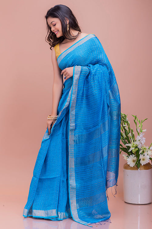 Graceful Elegance. Soft Bengal Handwoven Linen Silk Zari Checked Sari - Vivid Blue & Silver