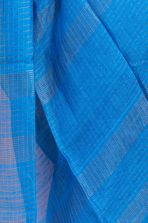 Graceful Elegance. Soft Bengal Handwoven Linen Silk Zari Checked Sari - Vivid Blue & Silver