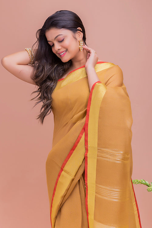 Soft Bengal Handwoven Linen Saree -  Ochre & Gold