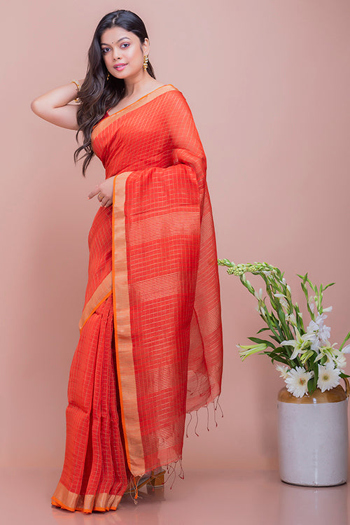 Deep Orange & Gold Soft Bengal Handwoven Linen Silk Zari Saree Online
