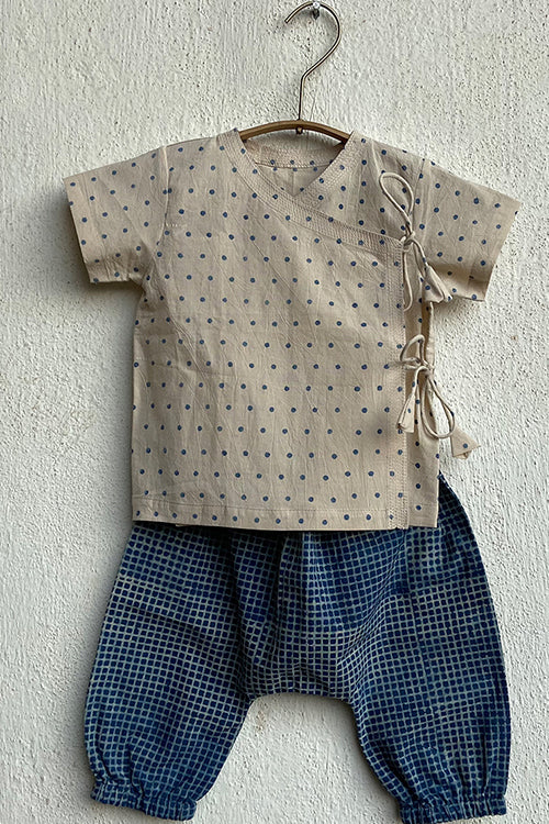 Whitewater Kids Unisex Organic Indigo Raidana Angrakha Top With Check Pants