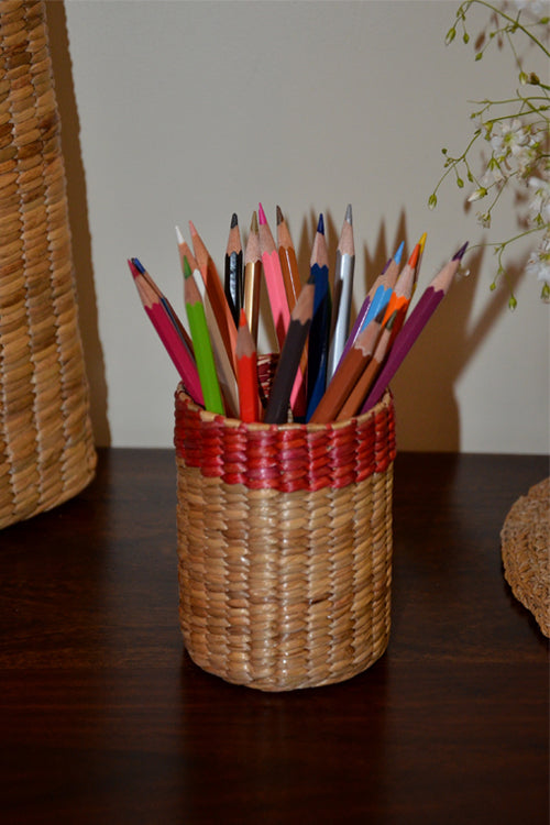 Dharini Water Hyacinth Pen/Cutlery Holder (Red-Natural)