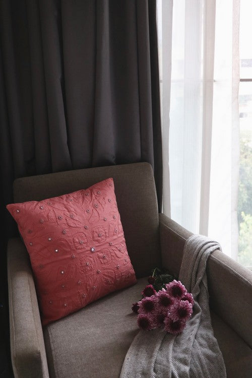 Okhai 'Home' Applique Mirror Work Pure Cotton Cushion Cover (Warm Pink)