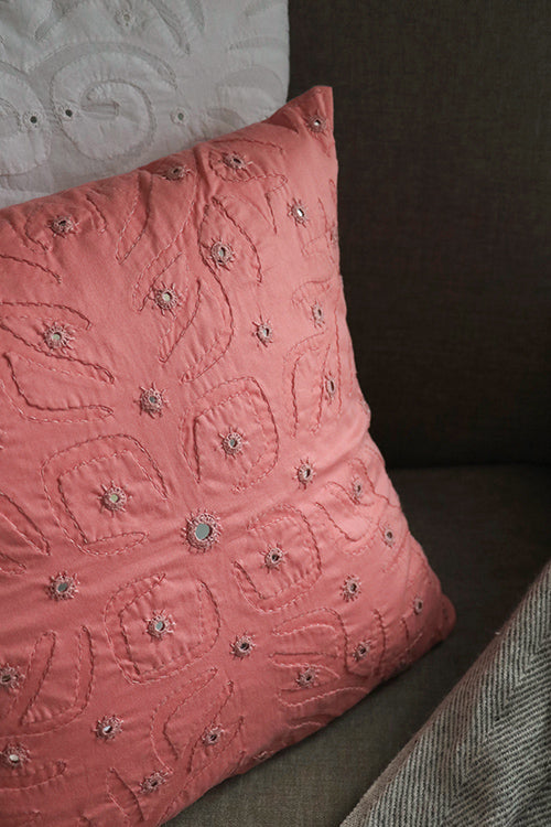 Okhai 'Home' Applique Mirror Work Pure Cotton Cushion Cover (Warm Pink)
