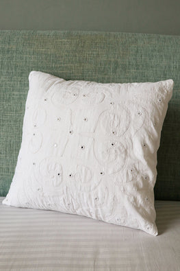 Okhai 'Home' Applique Mirror Work Pure Cotton Cushion Cover (White)