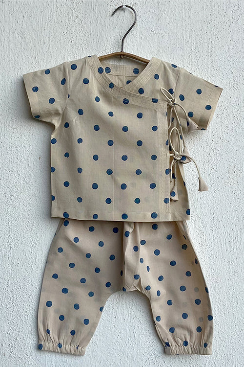 Unisex Organic Indigo Beige Angrakha Top With Polka Pants Whitewater Kids