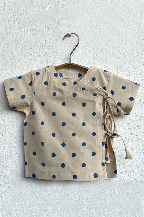 Unisex Organic Indigo Beige Angrakha Top With Polka Pants Whitewater Kids