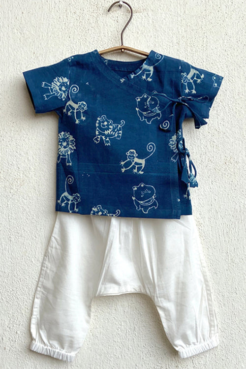 Whitewater Kids Unisex Organic Zoo Print Indigo Angrakha Top With White Pants