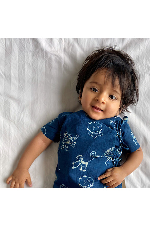 Whitewater Kids Unisex Organic Zoo Print Indigo Angrakha Top With White Pants