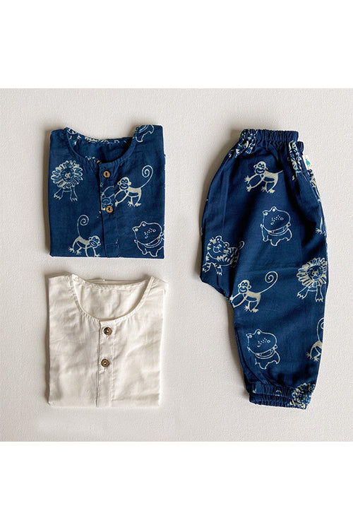 Whitewater Kids Unisex Organic Zoo Bag - Zoo Indigo Print And White Kurta with Zoo Pants