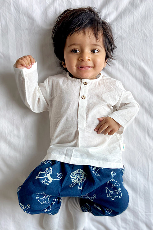 Whitewater Kids Unisex Organic Zoo Bag - Zoo Indigo Print And White Kurta with Zoo Pants