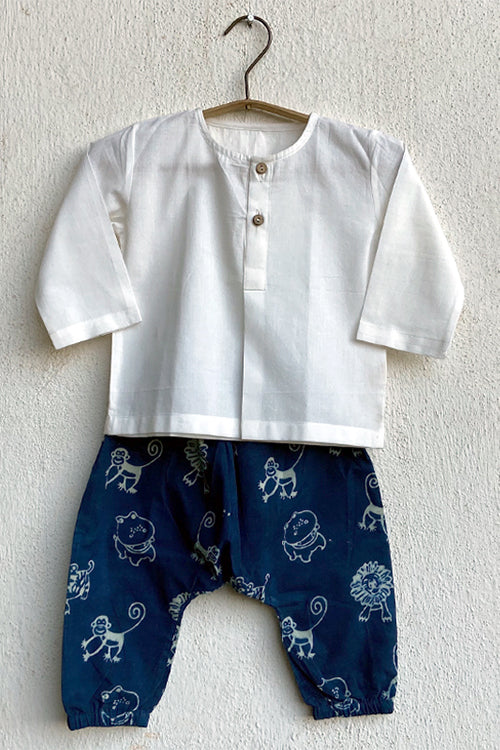 Whitewater Kids Unisex Organic Zoo Bag - Zoo Indigo Print And White Kurta with Zoo Pants