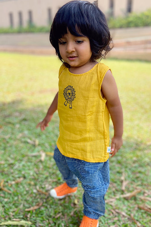 Whitewater Kids Unisex Organic Zoo Yellow Jhabla With Indigo Check Pants