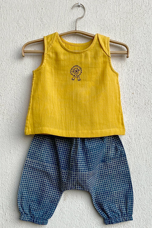 Whitewater Kids Unisex Organic Zoo Yellow Jhabla With Indigo Check Pants