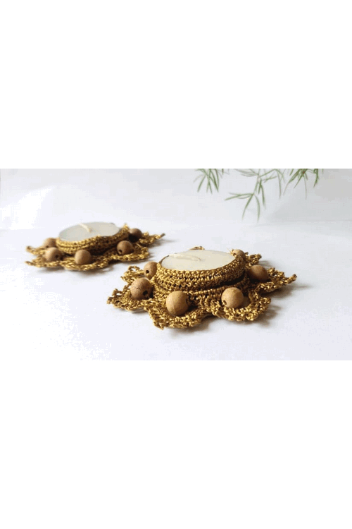 "Svatanya" Handcrafted Eco-Friendly Crochet & Zari T-Light  with Wooden Beads Set of 2