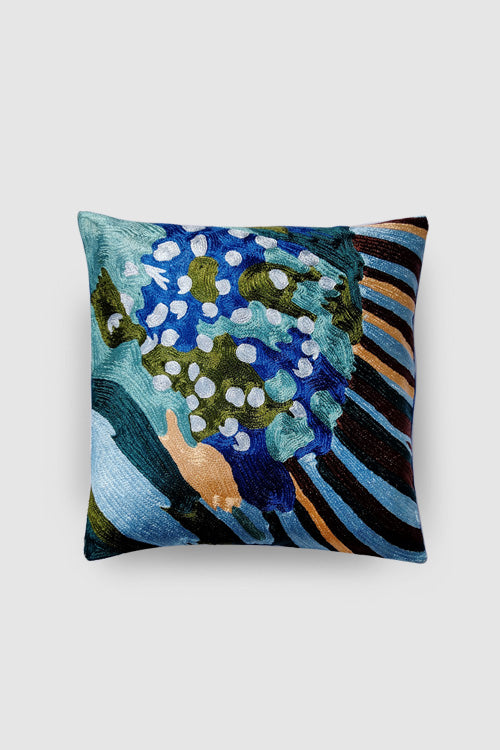 Zaina By Ctok'-Kingfisher Hand Embroidered Chainstitch Cushion Cover Green