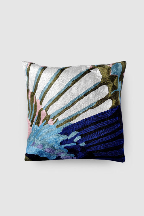 Zaina By Ctok'-Hoopoe Bird Hand Embroidered Chainstitch Cushion Cover Blue