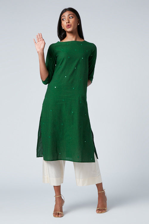 Green Meadow Mirror Work Embroidered Kurta For Women Online