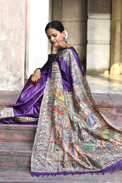 Goan Ghaar Hand Painted Tussar Silk Madhubani Paints Saree Online