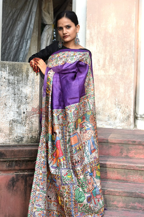 Goan Ghaar Hand Painted Tussar Silk Madhubani Paints Saree Online