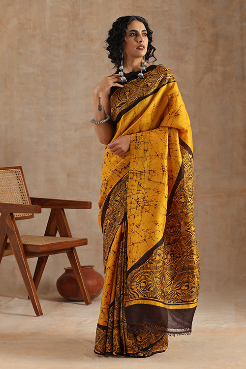 GC 'Spiral' Handwoven Hand Batik Mulberry Pure Silk Saree Online