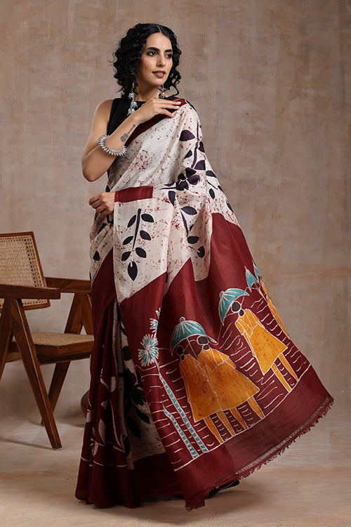 GC 'Village' Handwoven Hand Batik Mulberry Pure Silk Saree Online