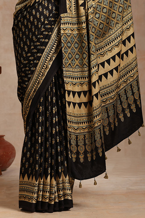 Ajrakh Black Modal Saree | Jabbar Khatri
