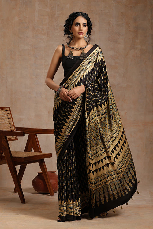 Ajrakh Black Modal Saree | Jabbar Khatri