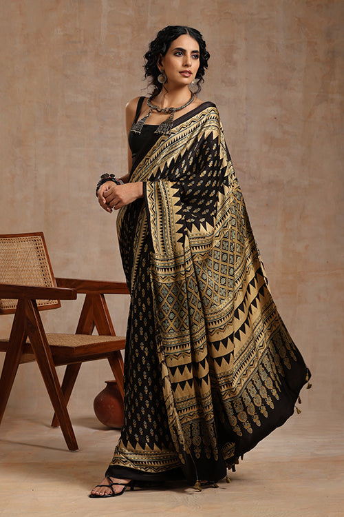 Ajrakh Black Modal Saree | Jabbar Khatri