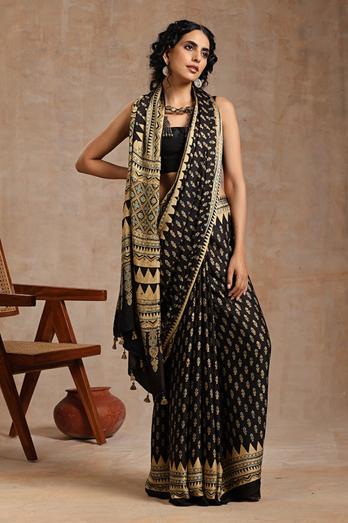 Ajrakh Black Modal Saree | Jabbar Khatri