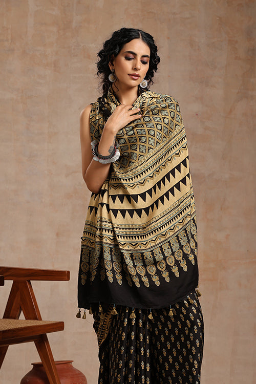 Ajrakh Black Modal Saree | Jabbar Khatri