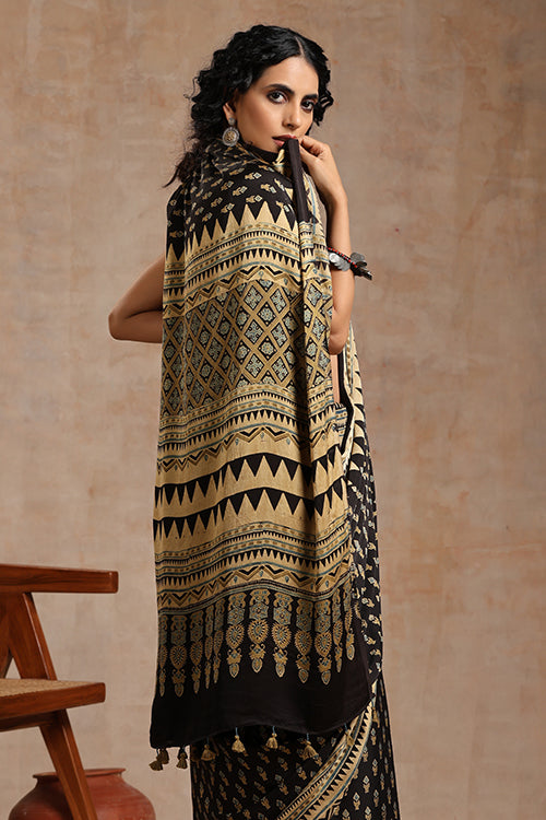 Ajrakh Black Modal Saree | Jabbar Khatri