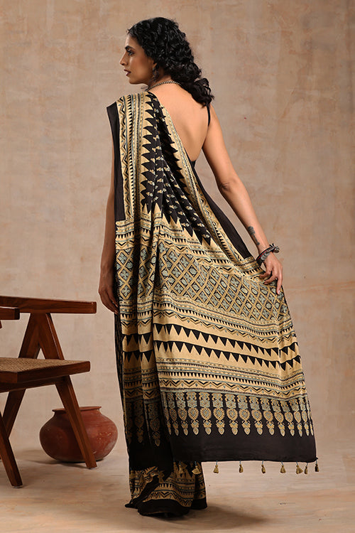 Ajrakh Black Modal Saree | Jabbar Khatri