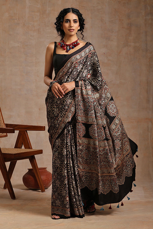 Jahangir Khatri - Black Ajrakh Modal Saree