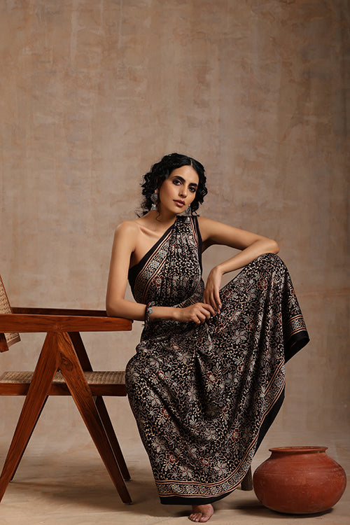 Jahangir Khatri - Black Ajrakh Modal Saree